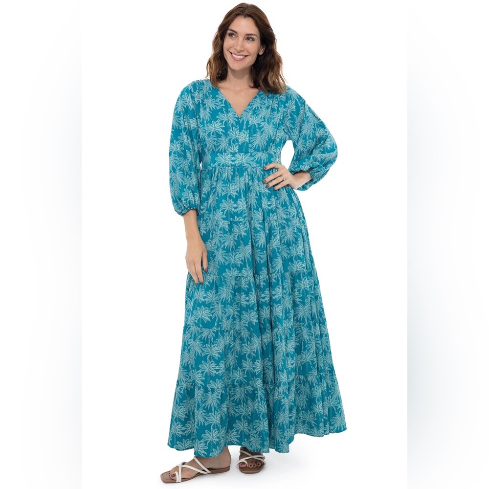 ▪️Coolibar UPF 50+ Flare Pleated Palm Beach Tiered Tahitian Teal Swaying Palms